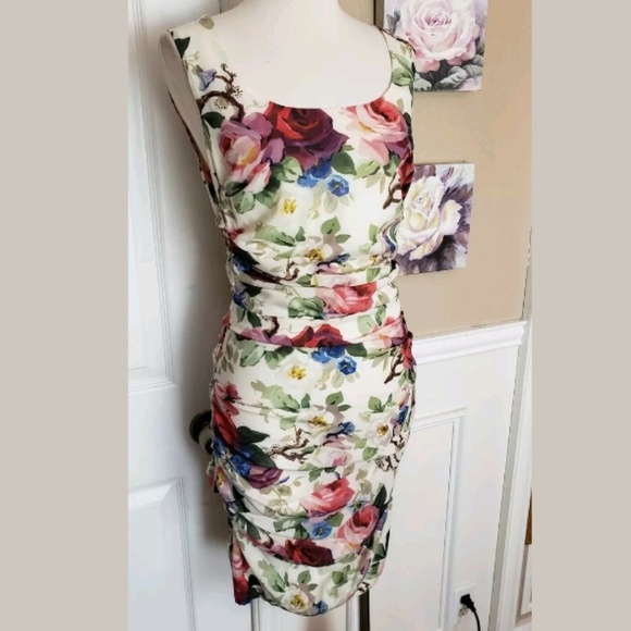 Dolce and Gabbana Ruched Floral Printed Silk Dress - Picture 4 of 7